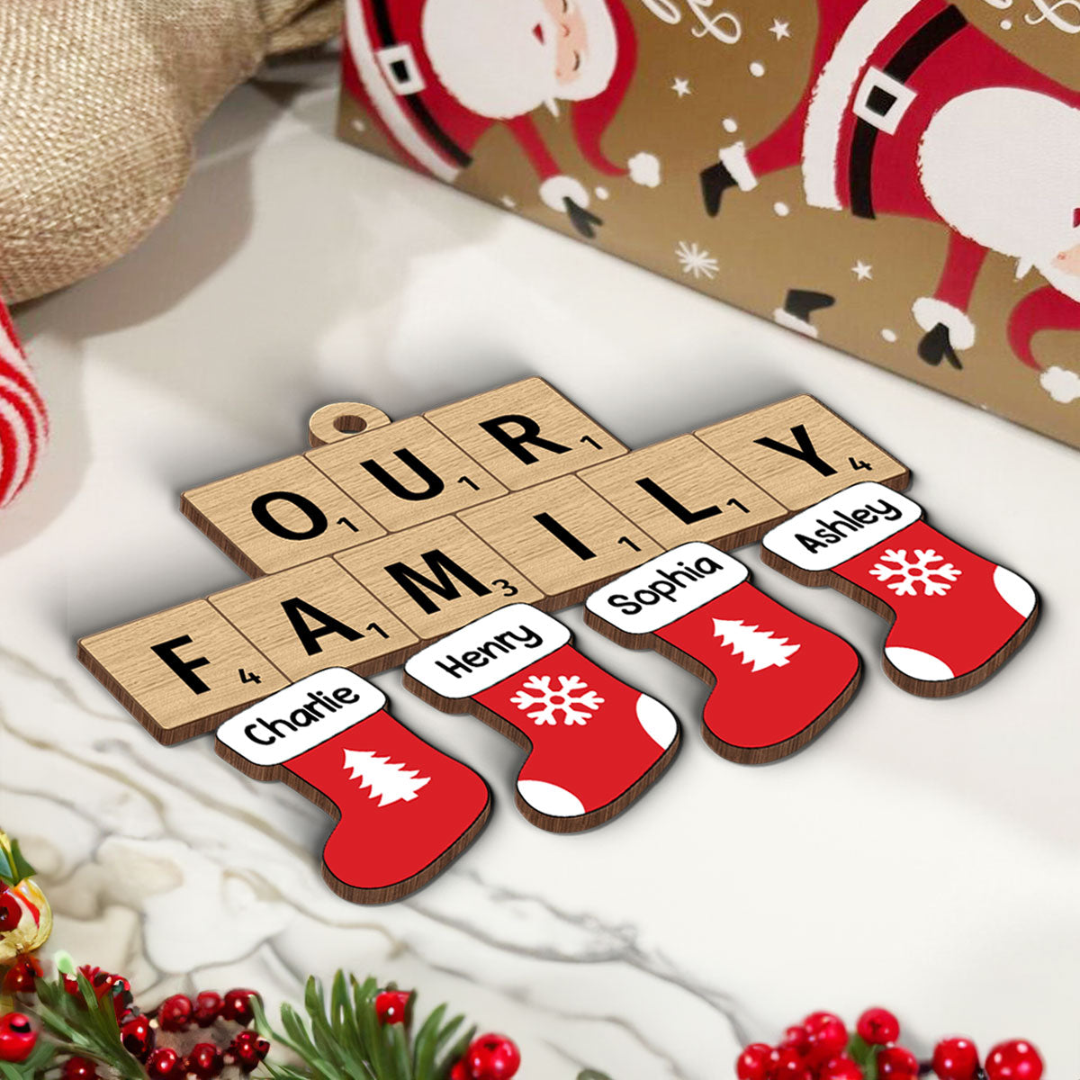 Our Family Christmas Socks Puzzle Style Personalized Wooden Ornament, Christmas Decoration