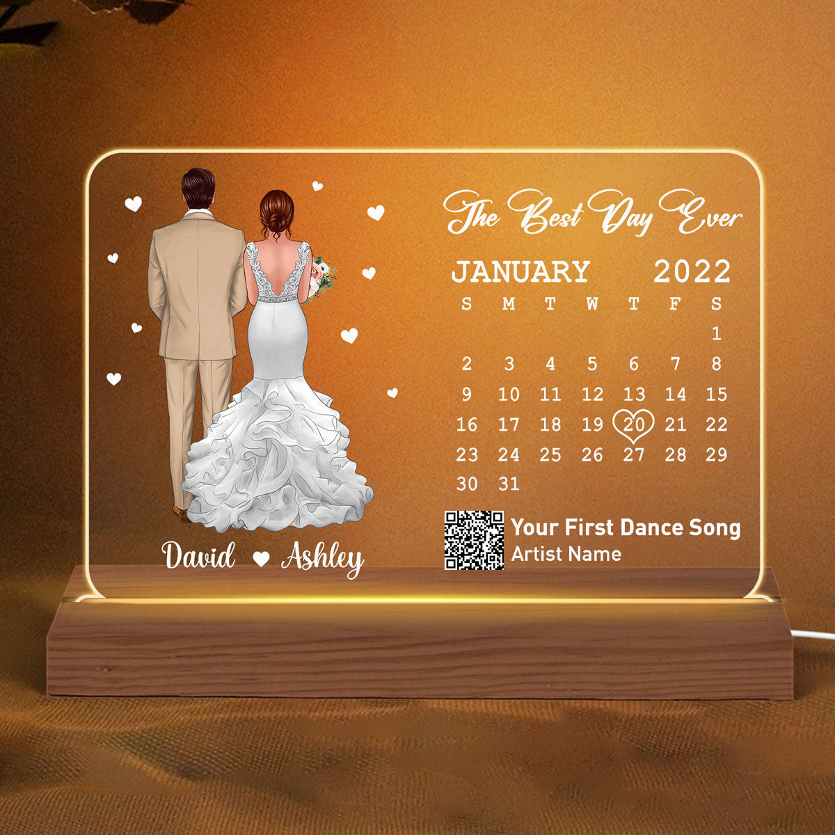 First Dance Song Wedding Anniversary Calendar Gift Couple Back View Scannable QR Code Personalized Horizontal Acrylic Plaque With LED Night Light