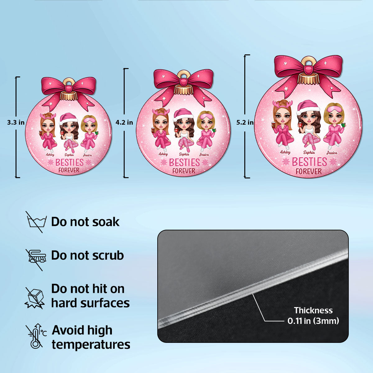 Pink Bow Coquette Besties Sisters Personalized Acrylic Ornament, Christmas Gift
