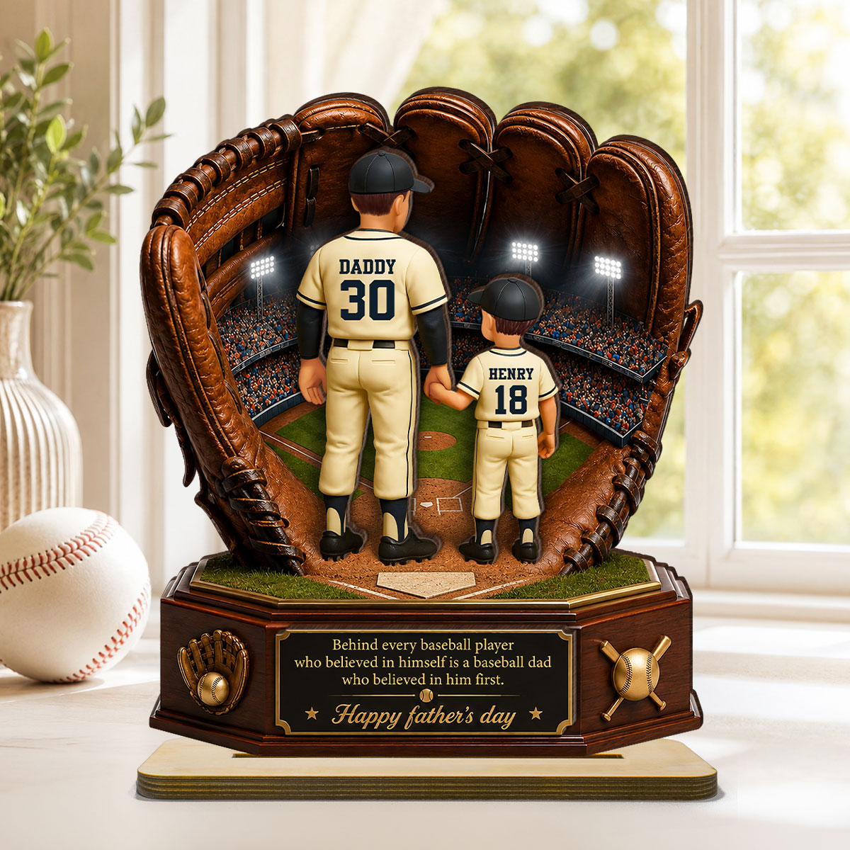 Behind Every Baseball Softball Player is a Dad - Personalized 2-Layered Wooden Plaque - Father's Day Gift for Dad, Husband
