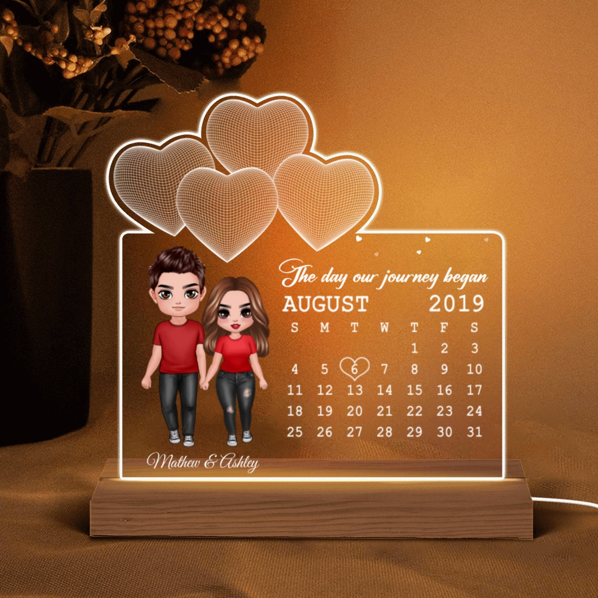 Doll Couple Standing Under 3D Heart Anniversary Date Calendar Personalized Custom Shape Acrylic Plaque With LED Night Light - Anniversary Gift For Couple - Gift For Him Gift For Her