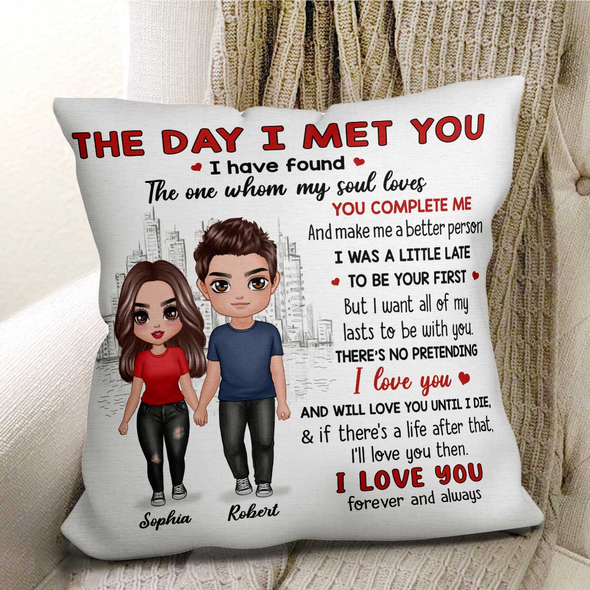 Doll Couple Standing Skyline The Day I Met You Gift For Him For Her Personalized Pillow