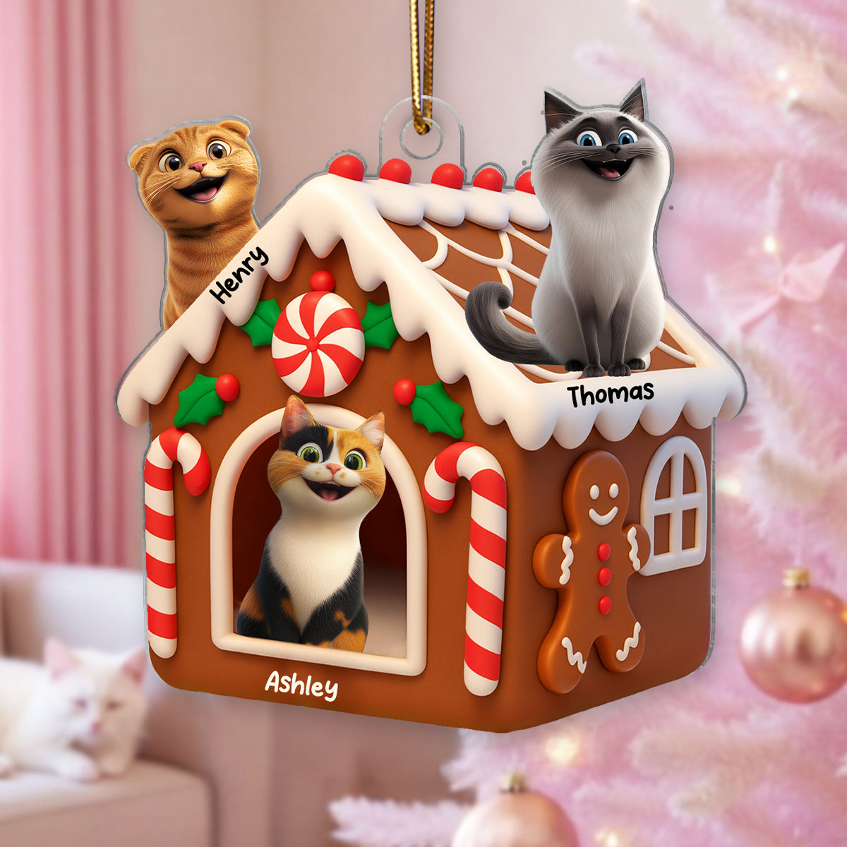 Gingerbread Cat House Personalized Acrylic Ornament, Christmas Gift for Cat Mom, Cat Dad