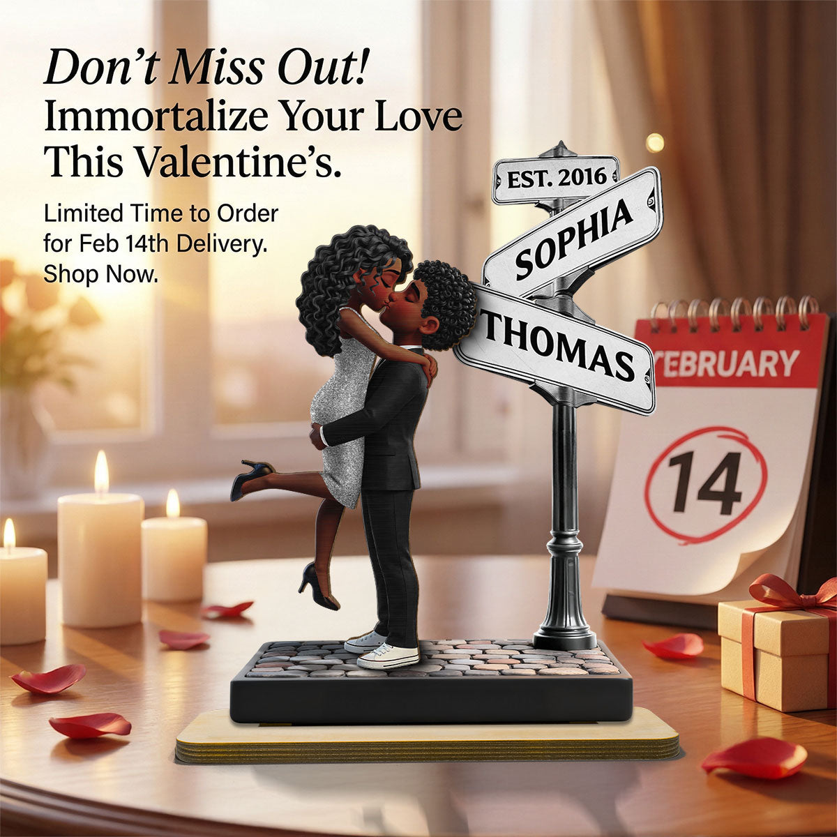 Eternal Love Romantic Couple Hugging Kissing Street Sign - Personalized 2-Layered Wooden Plaque - Heartfelt Valentine's Day Gift For Couple