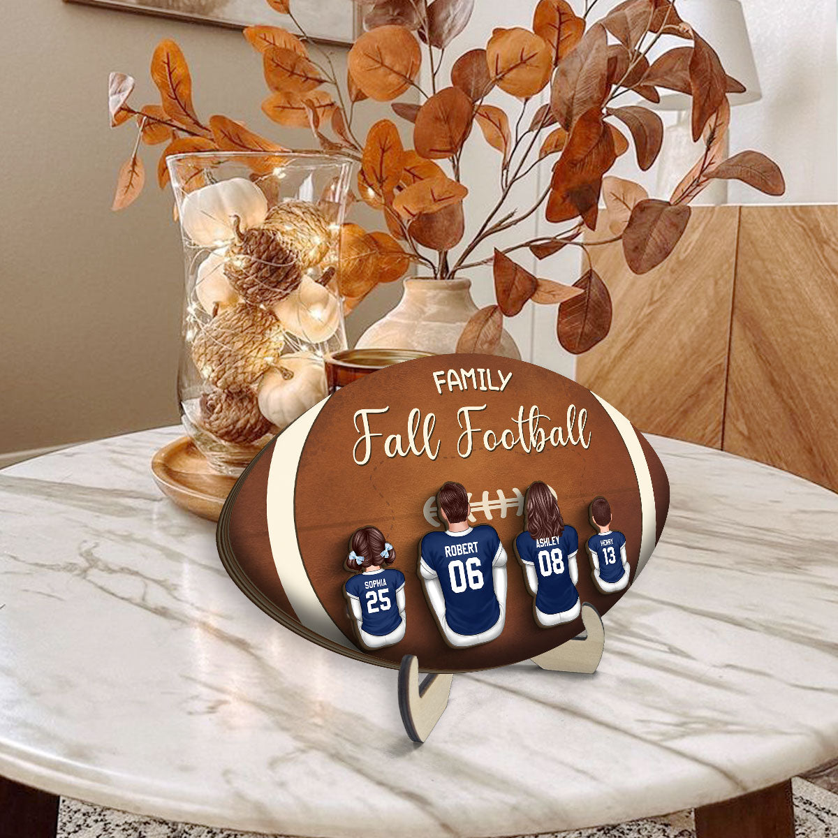 Family Fall Football Family Sitting Personalized 2-Layer Wooden Plaque, Gift For Husband, Wife, Dad, Mom