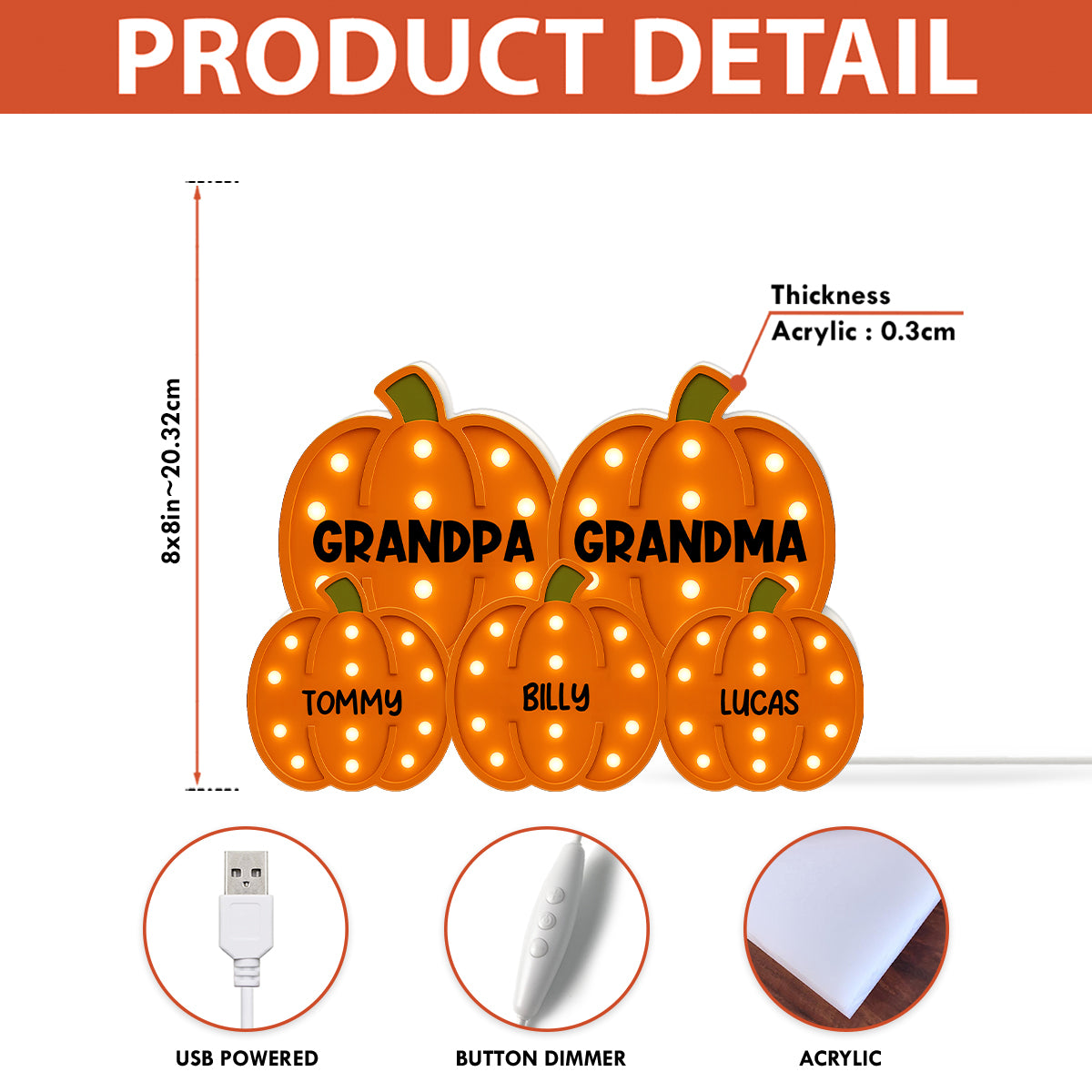 3D Effect Grandma Grandpa Grandkids Pumpkin Patch Marquee Pattern - Personalized Light Box - Cozy Fall Home Decor