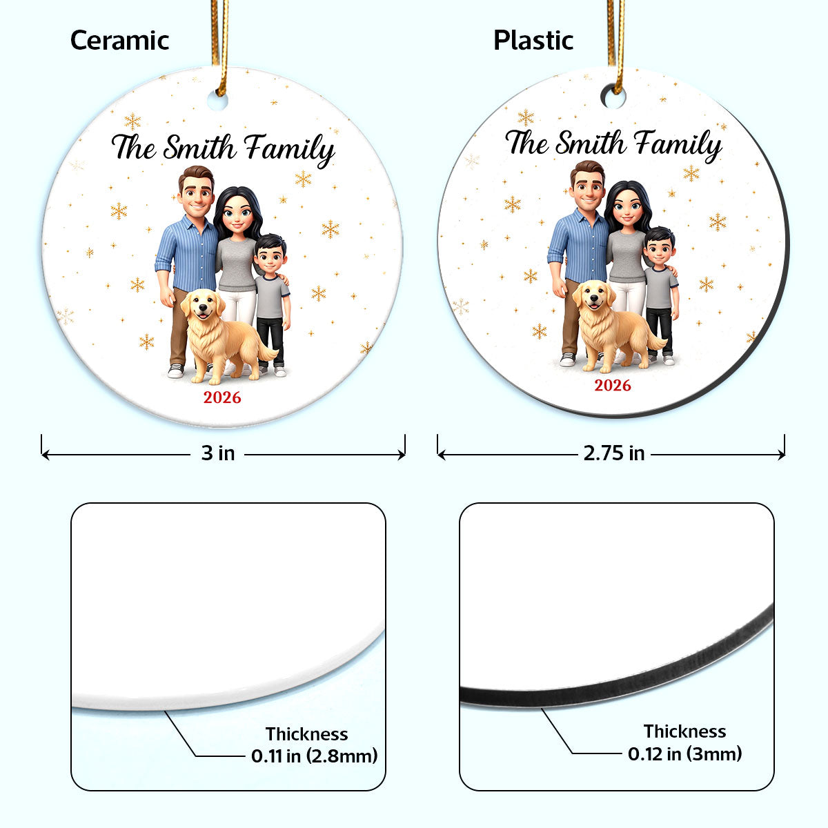Cartoon Family Portrait From Photo 2D Flat - Personalized Ceramic Ornament - Christmas Keepsake