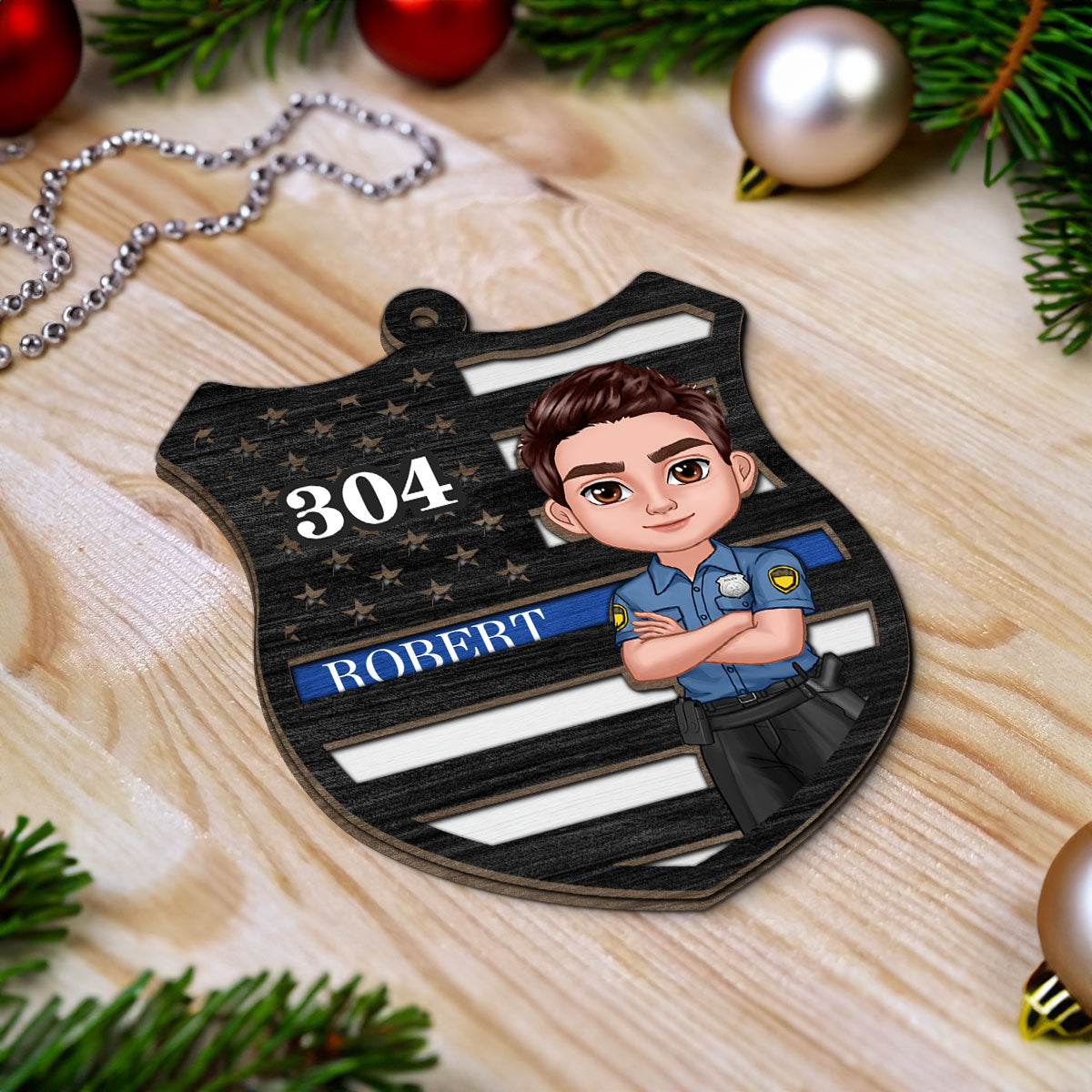 Police Thin Blue Line Badge Christmas Personalized 2-Layer Wooden Ornament, Office Decor, Appreciation Gift, Christmas Gift For Law Enforcement