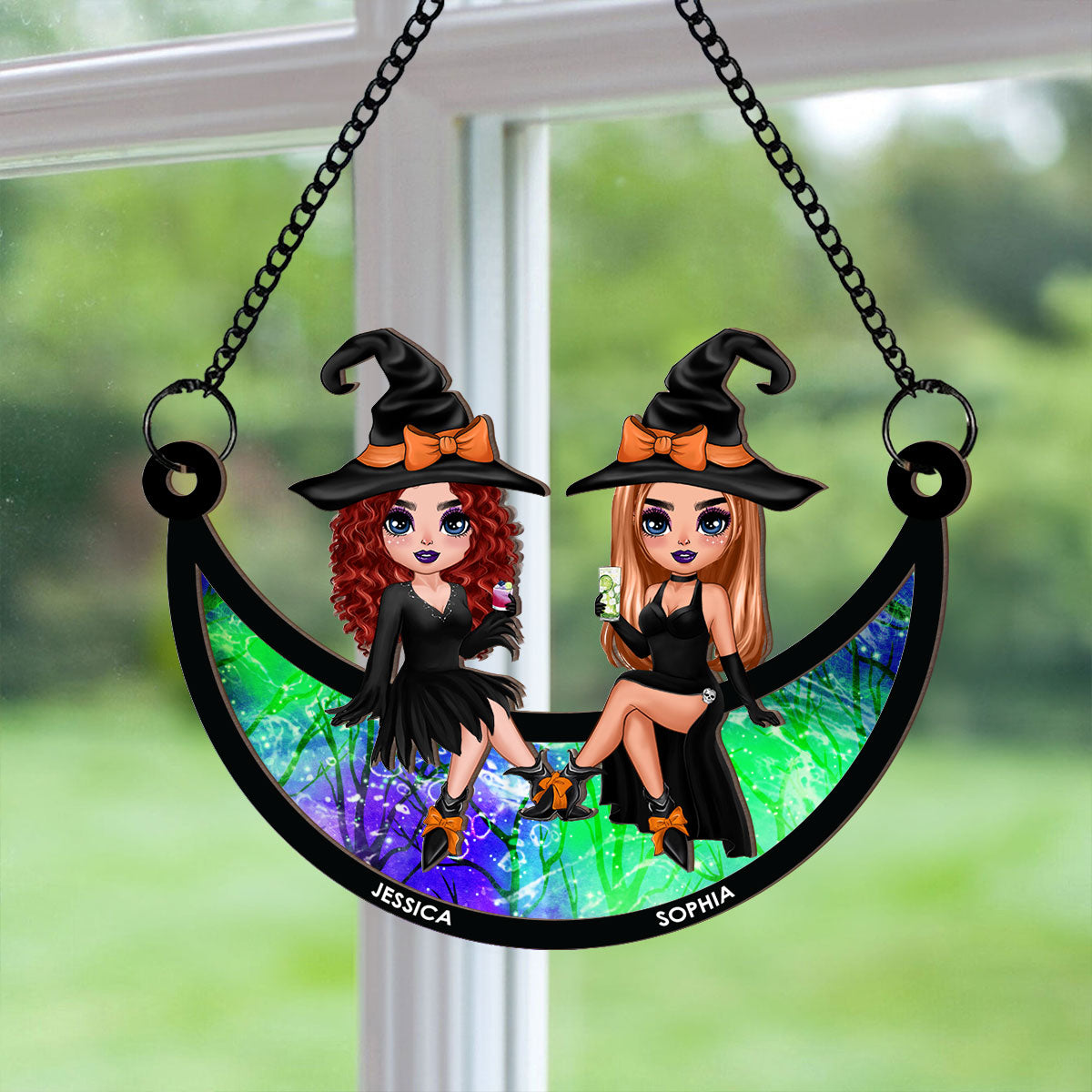 Halloween Witch Besties Sitting On Moon Personalized Window Hanging Suncatcher Ornament, Halloween Decor