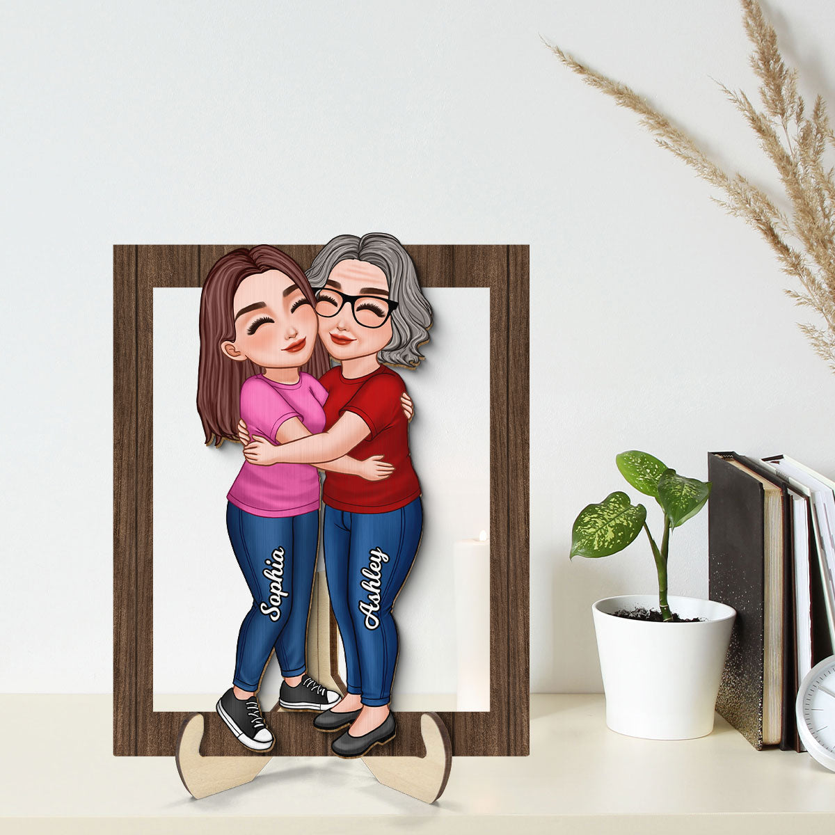 Mom Hugging Daughter Son By Custom Occupation Firefighter, Nurse, Police Officer Personalized Wooden Plaque