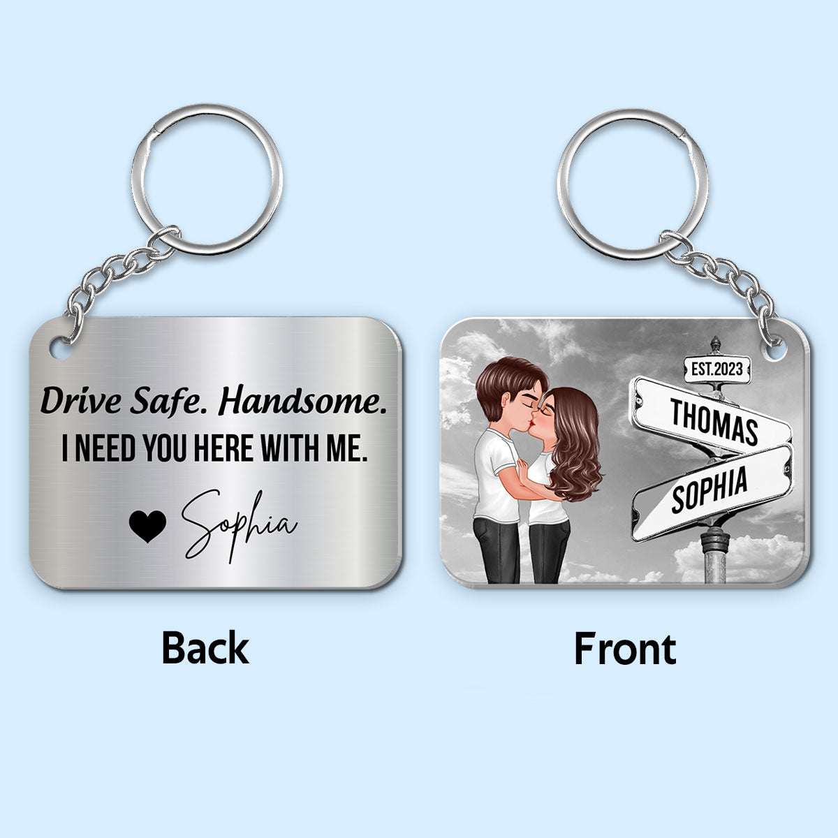 Drive Safe Couple Kissing Vintage Crossroads Street Sign Personalized Metal Keychain, Anniversary  Gift For Him, Boyfriend, Husband
