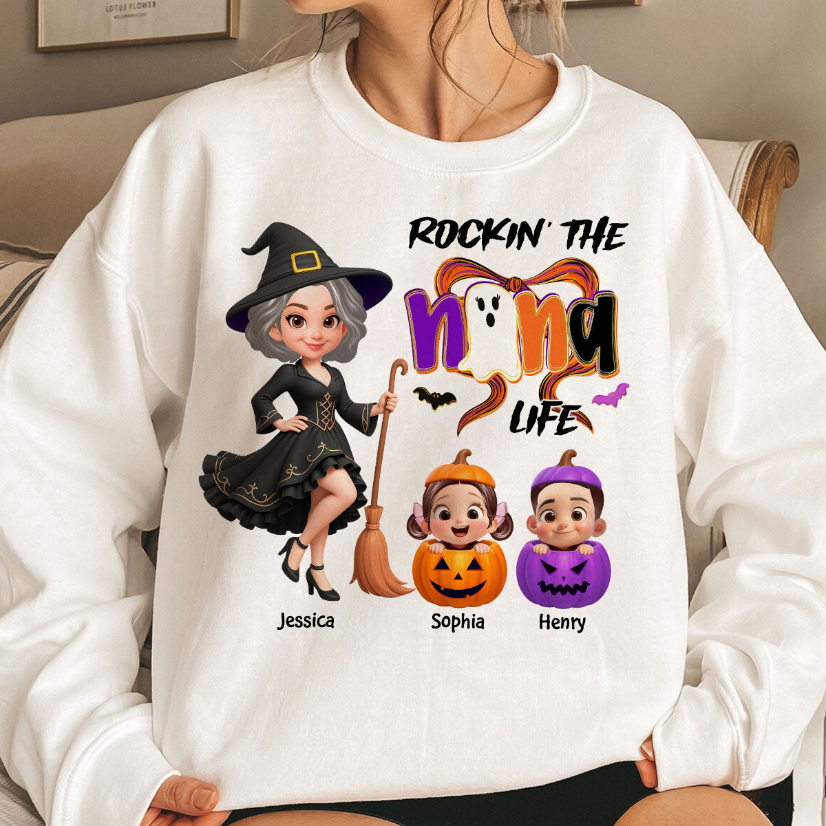Rockin' Grandma Life Halloween Coquette Bow Grandkids Pumpkins Personalized Sweatshirt