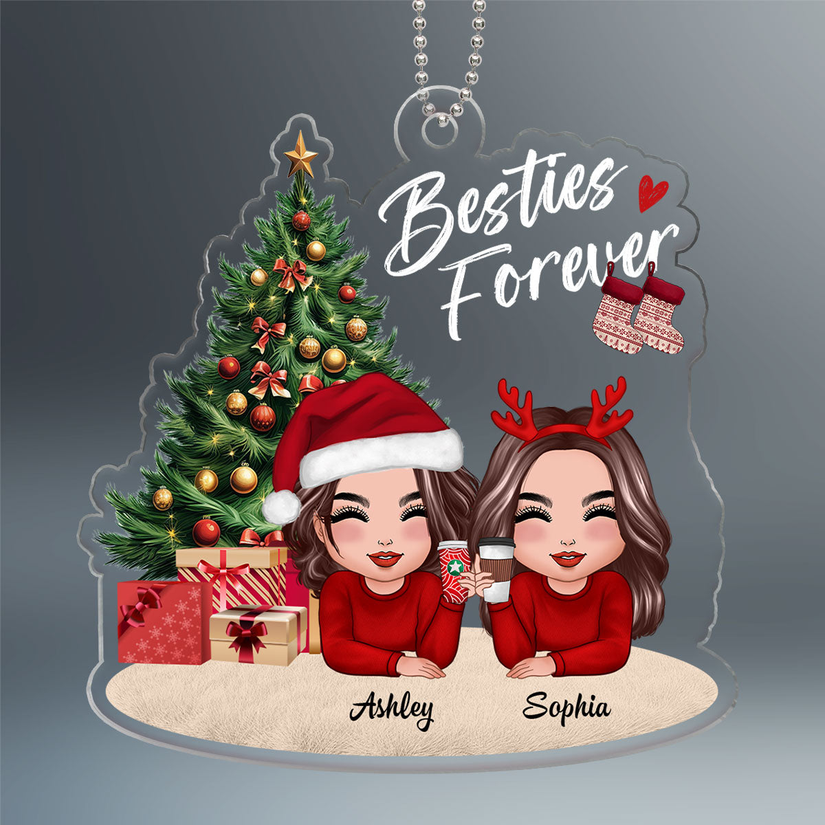 Doll Besties Sisters Laying Down Christmas Tree Personalized Acrylic Ornament