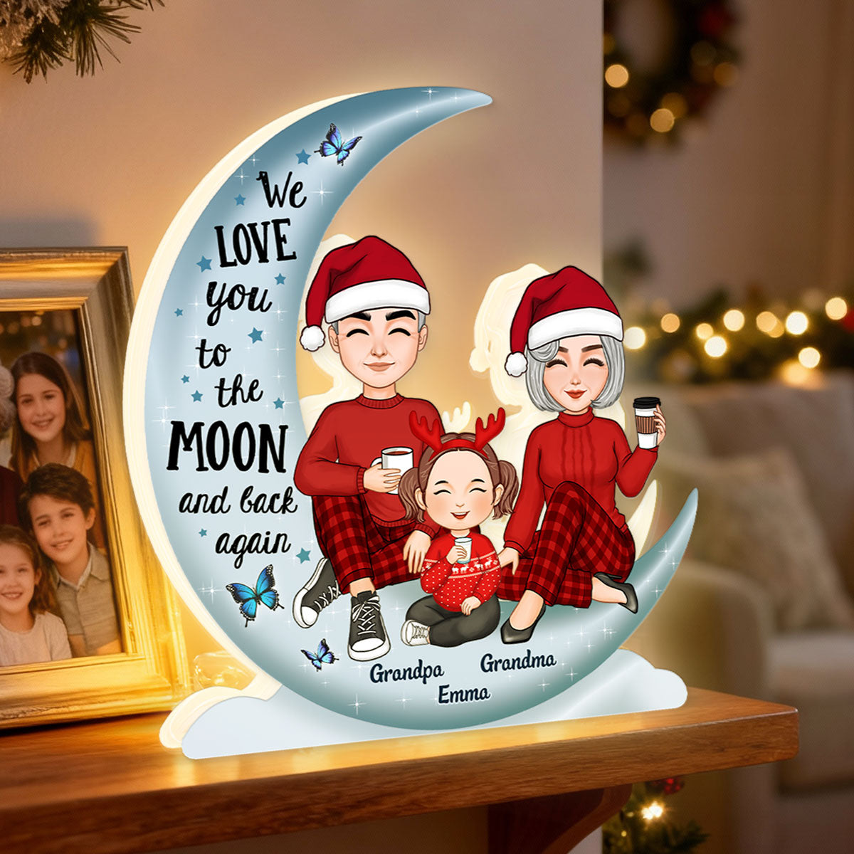 Cute Grandma Grandpa Grandparents & Grandkid On Moon - Personalized Light Box