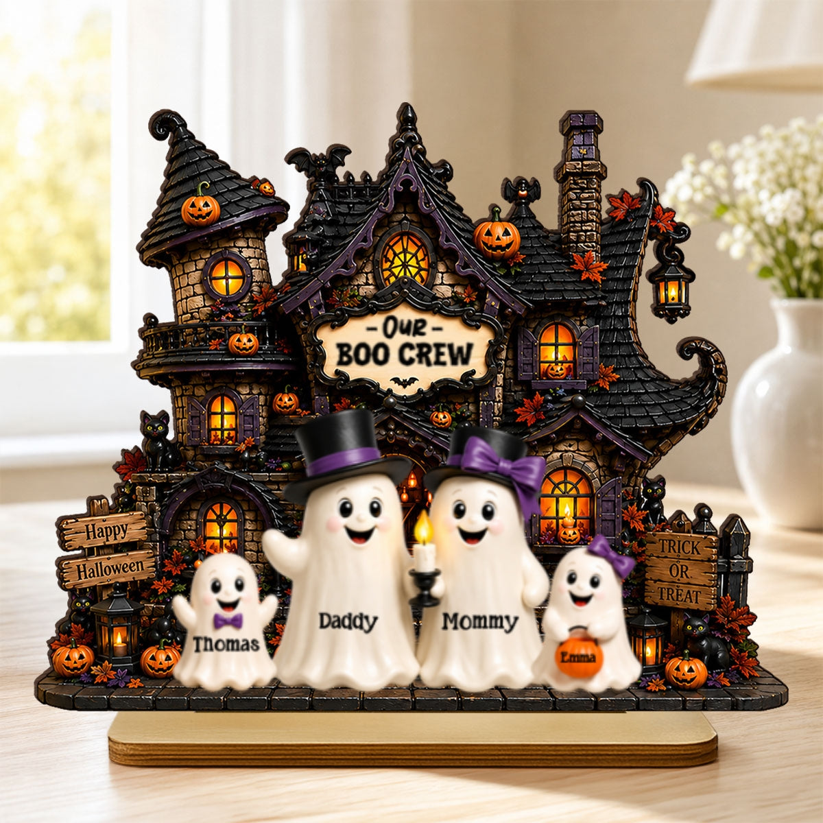 Halloween Ghost Family Boo Crew - Personalized 2-Layered Wooden Plaque - Halloween Decor Gift, Gift For Family