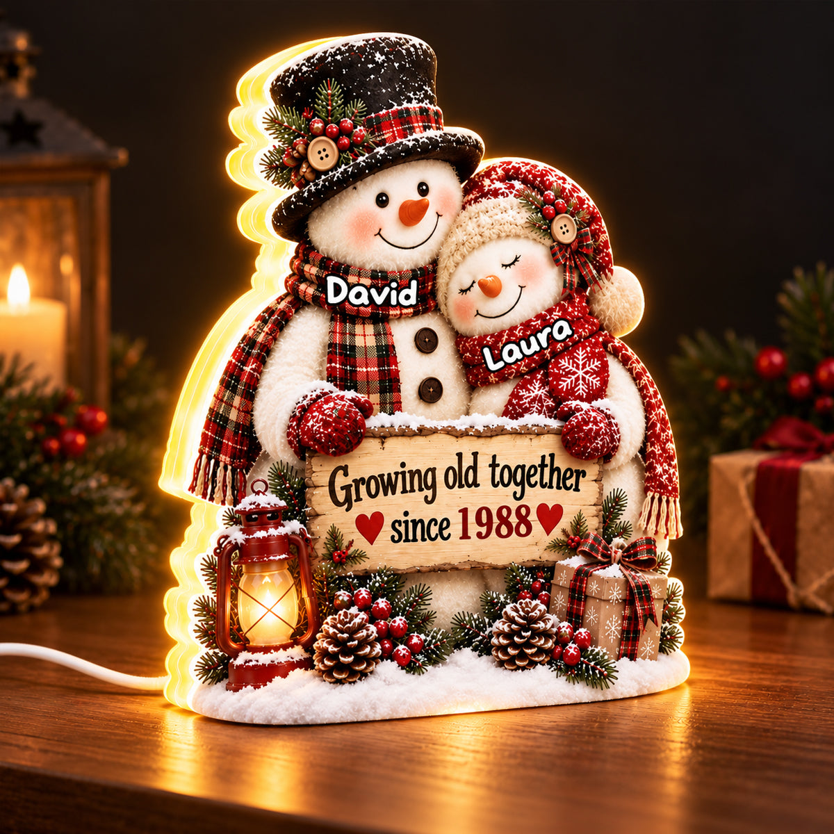 Snowman Couple Hugging Growing Old Together - Personalized Light Box - Heartfelt Christmas Gift for Her, for Him