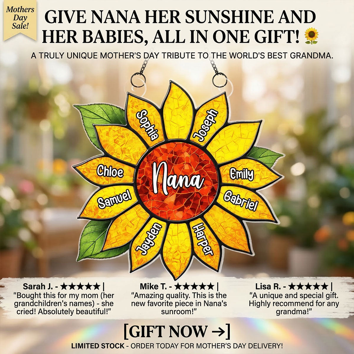 Grandkids Name In Sunflower Daisy - Personalized Suncatcher - Mother's Day Home Decor Gift For Grandma