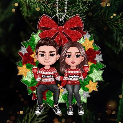 Christmas Couple Sitting On Faux Sequin Wreath Personalized Acrylic Ornament