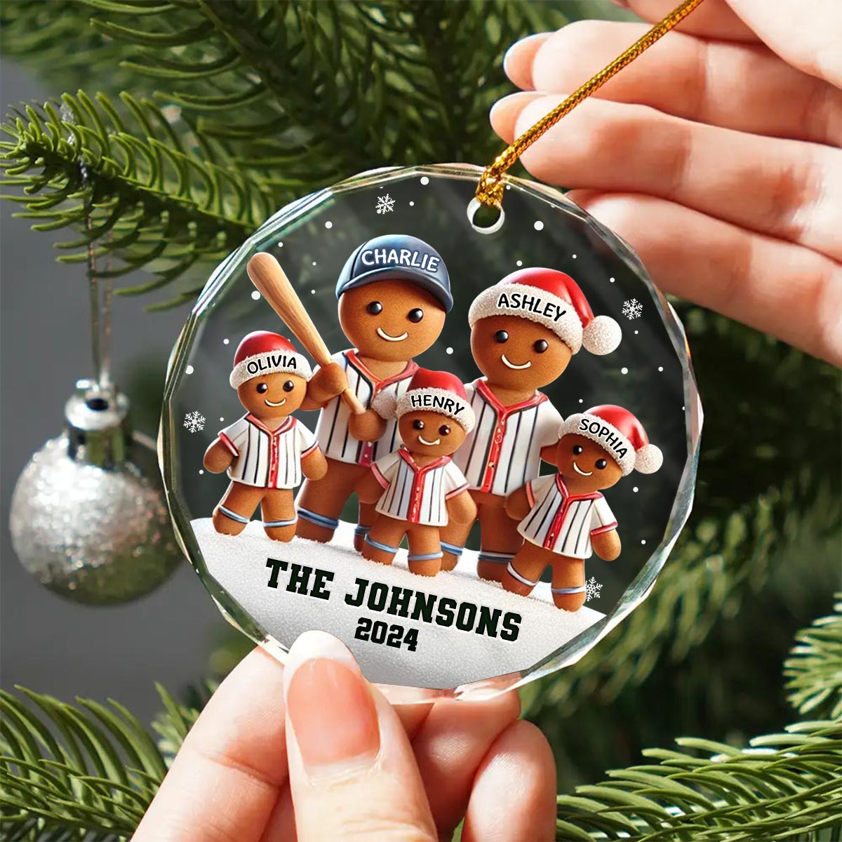 Baseball Gingerbread Family Sport Lover 3D Effect Personalized Glass Ornament