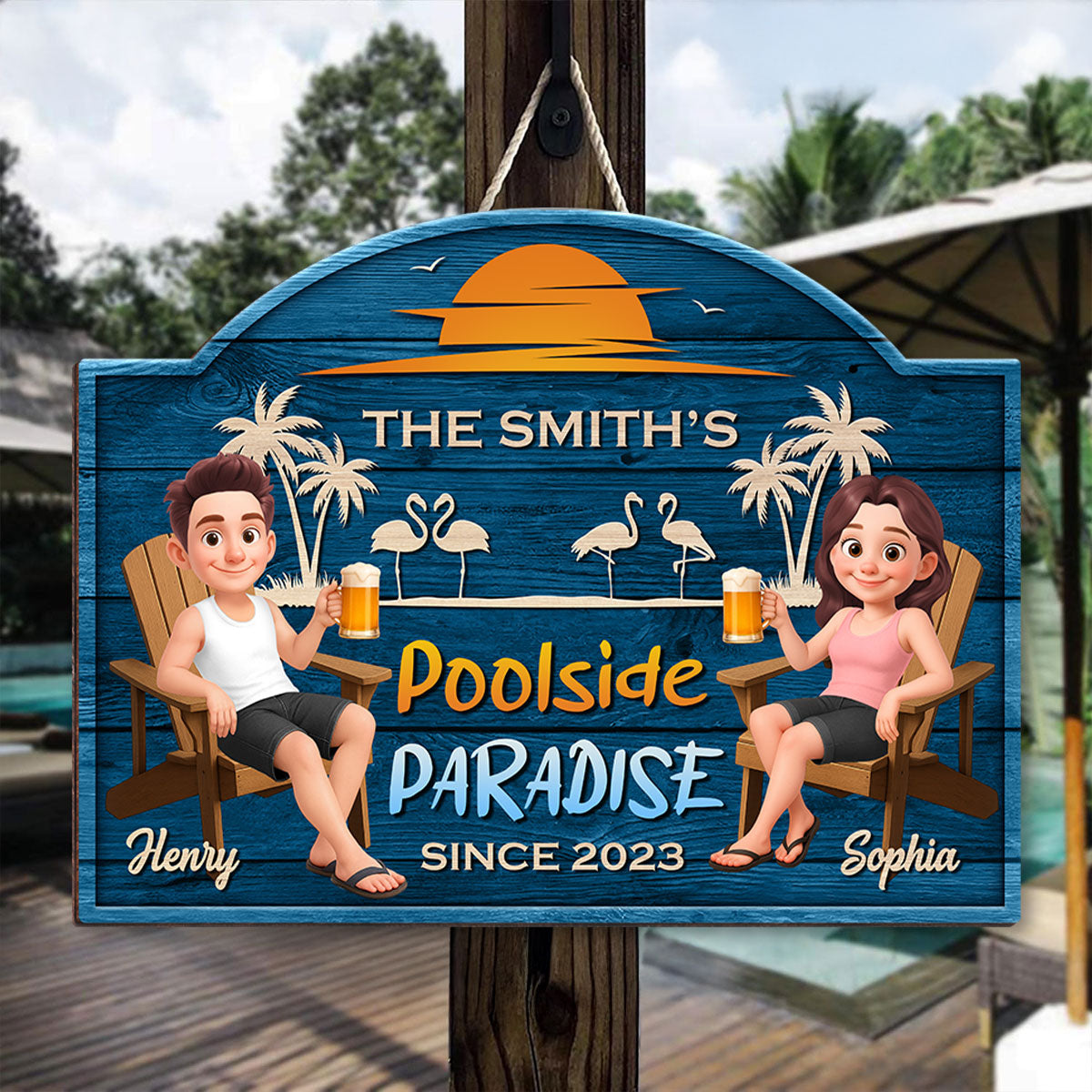 Cute Cartoon Couple Family Poolside Paradise Personalized Wood Sign