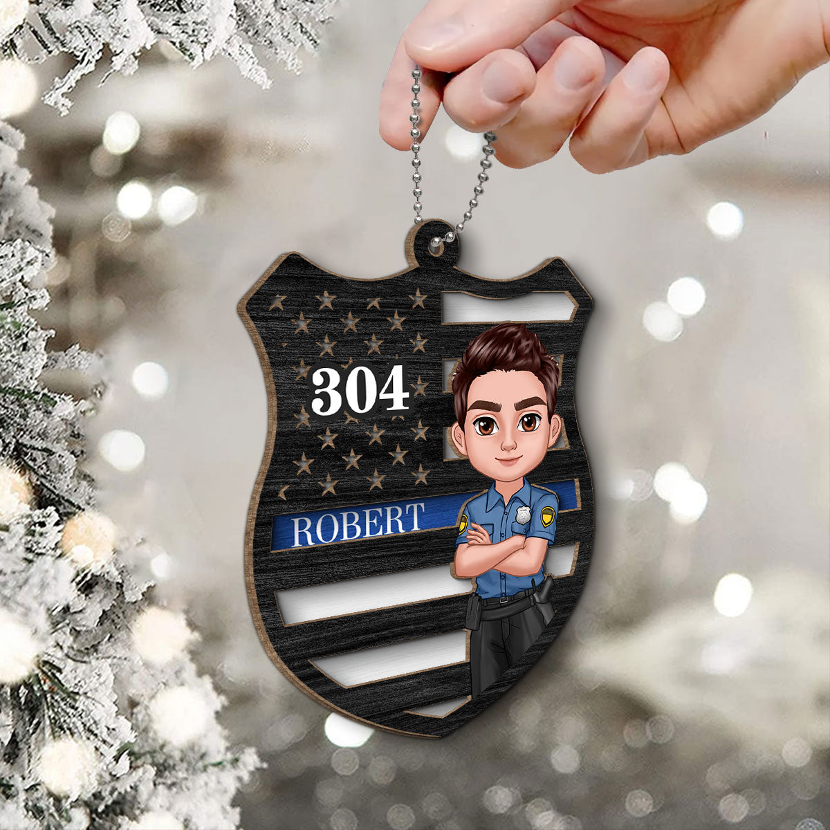 Police Thin Blue Line Badge Christmas Personalized 2-Layer Wooden Ornament, Office Decor, Appreciation Gift, Christmas Gift For Law Enforcement