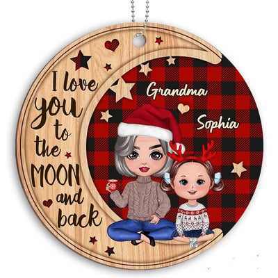 Checkered Pattern Doll Grandma & Grandkid On Moon Personalized Wooden Ornament