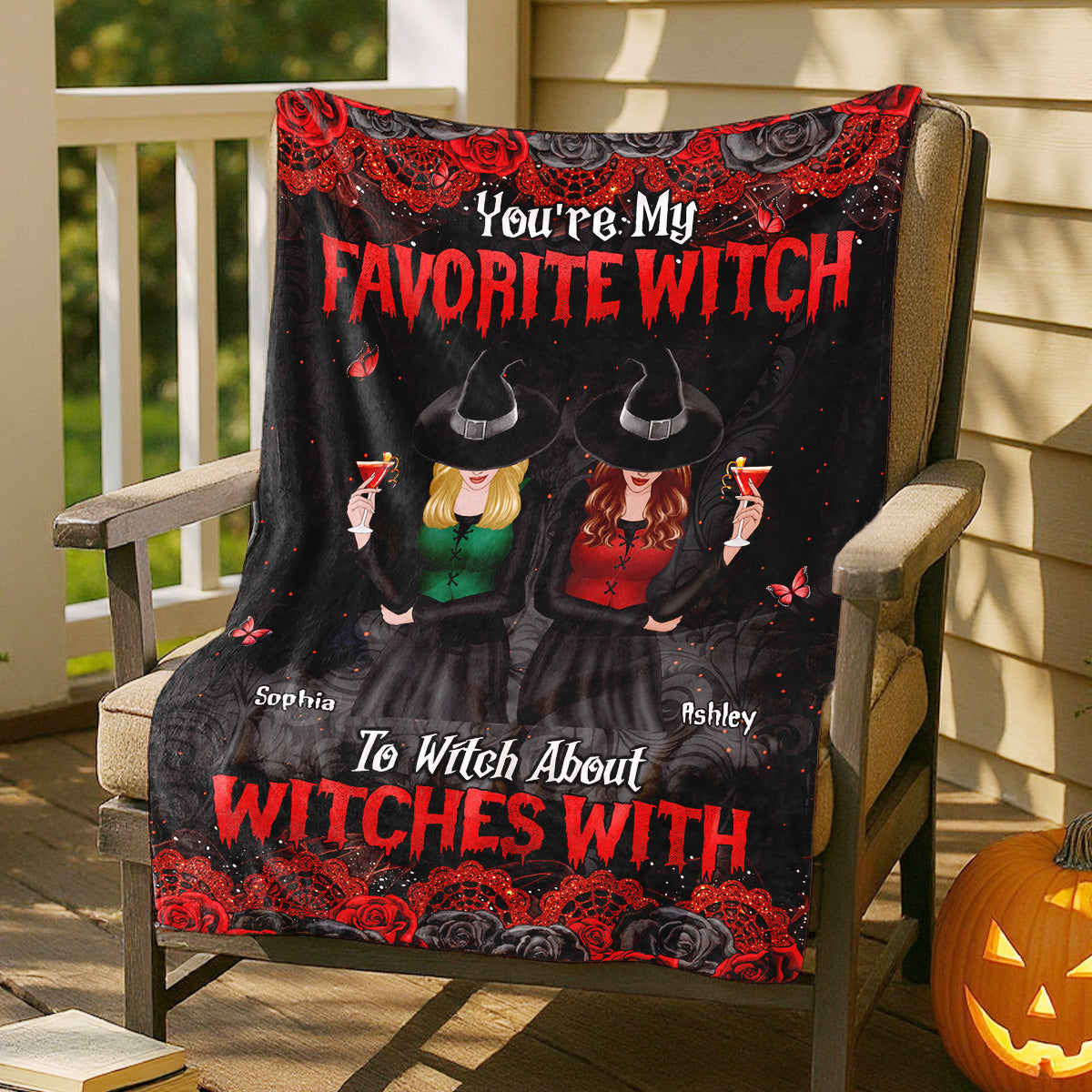 Halloween Rose Pattern Witches Besties Personalized Fleece Blanket