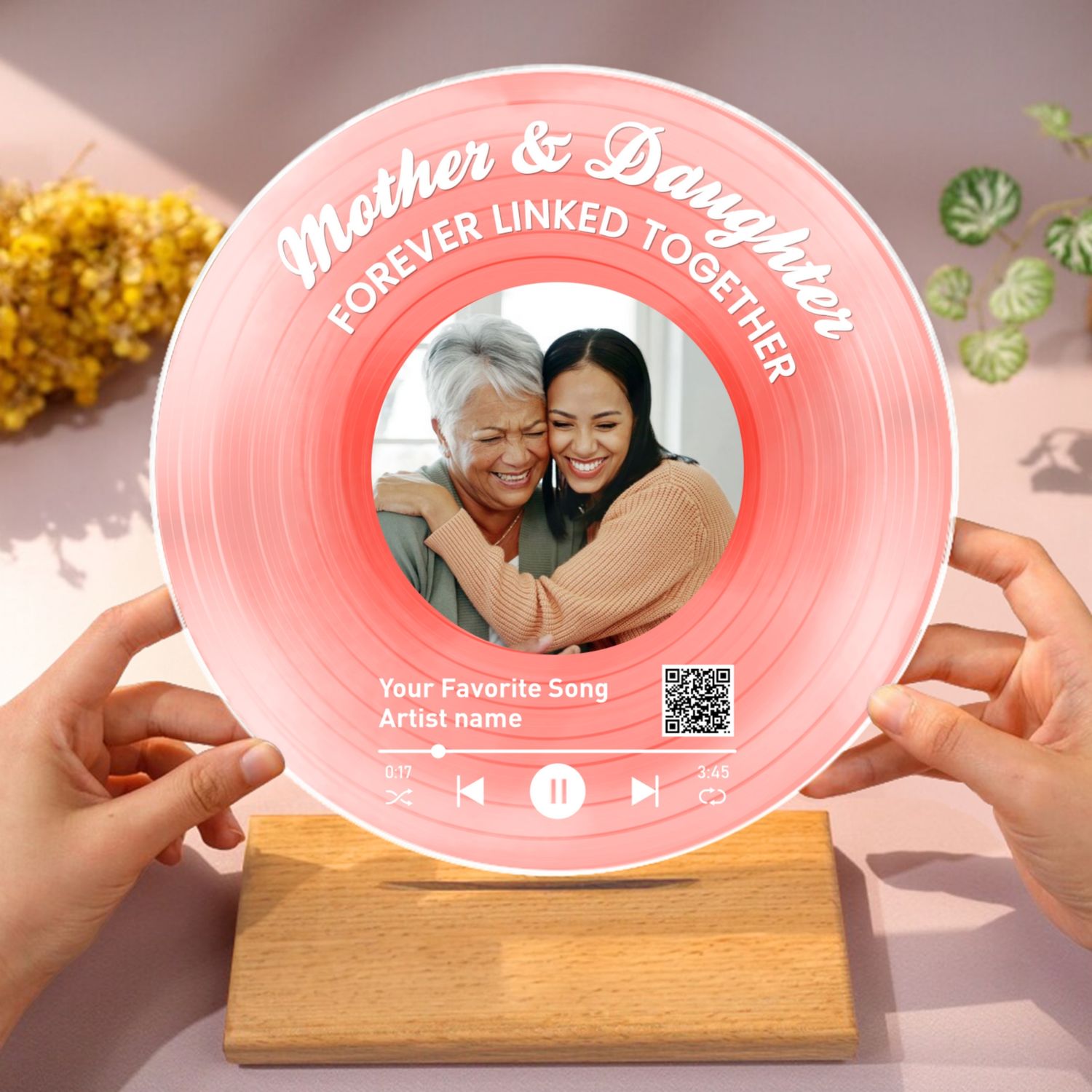 Mother Daughter Forever Linked Together Personalized Vinyl Record with Photo, Acrylic Song Plaque, Gift for Mom