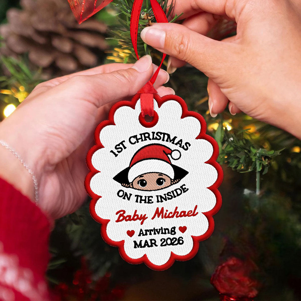 Baby 1st Christmas On The Inside - Personalized Embroidered Ornament - Custom Pregnancy Reveal Ornament, Expecting Parents