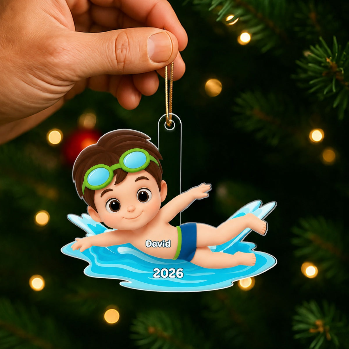 Swimming Boy Girl 3D Effect - Personalized Acrylic Ornament - Christmas Gift for Son Daughter Grandson Granddaughter