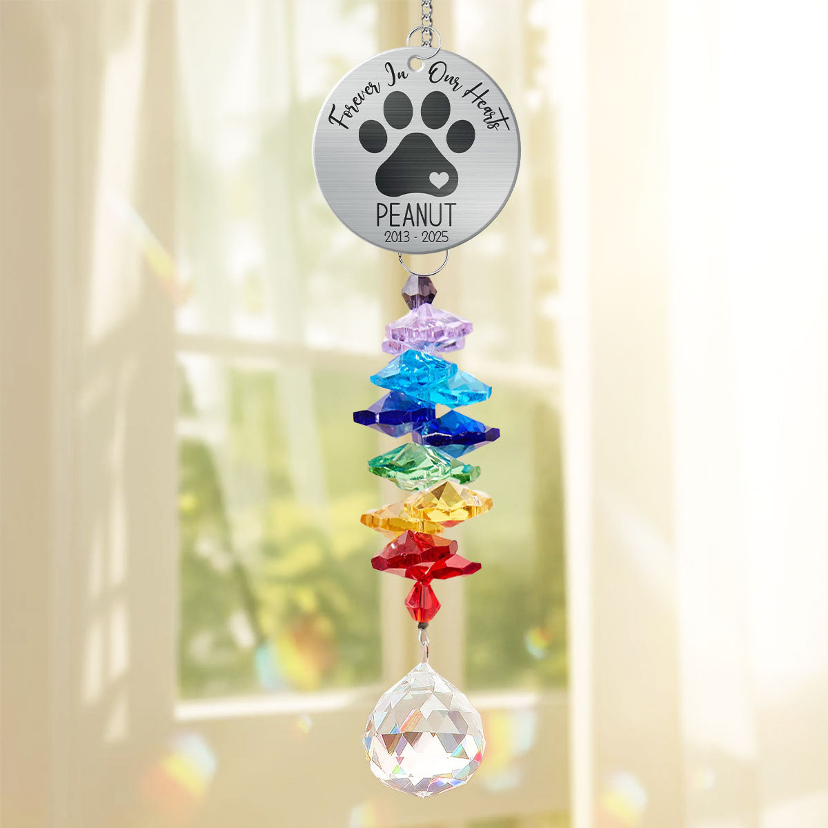 Pet Dog Memorial Forever In Our Hearts Personalized Crystal Suncatcher With Aluminum Charm