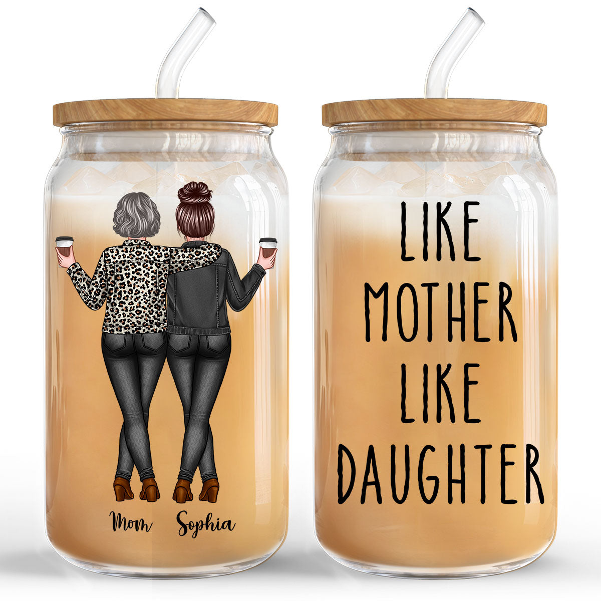 Back View Mom Daughter Like Mother Like Daughter Mother‘s Day Gift Personalized Clear Glass Can