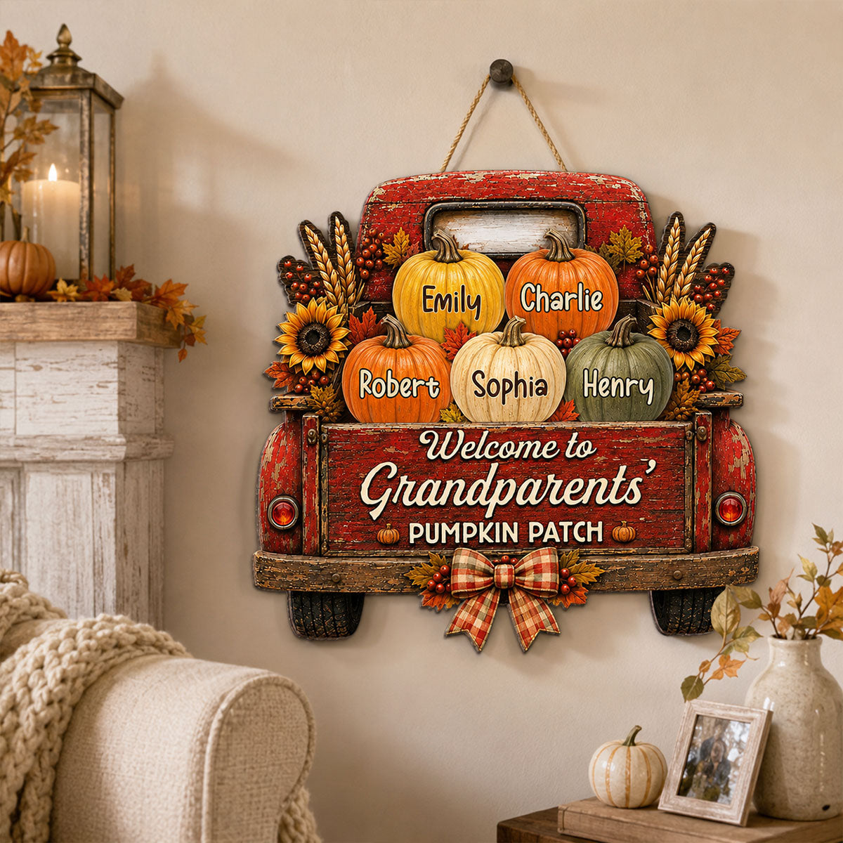 Trending Pumpkins On Truck - Personalized Wood Sign - Fall Season Decoration For Grandparents