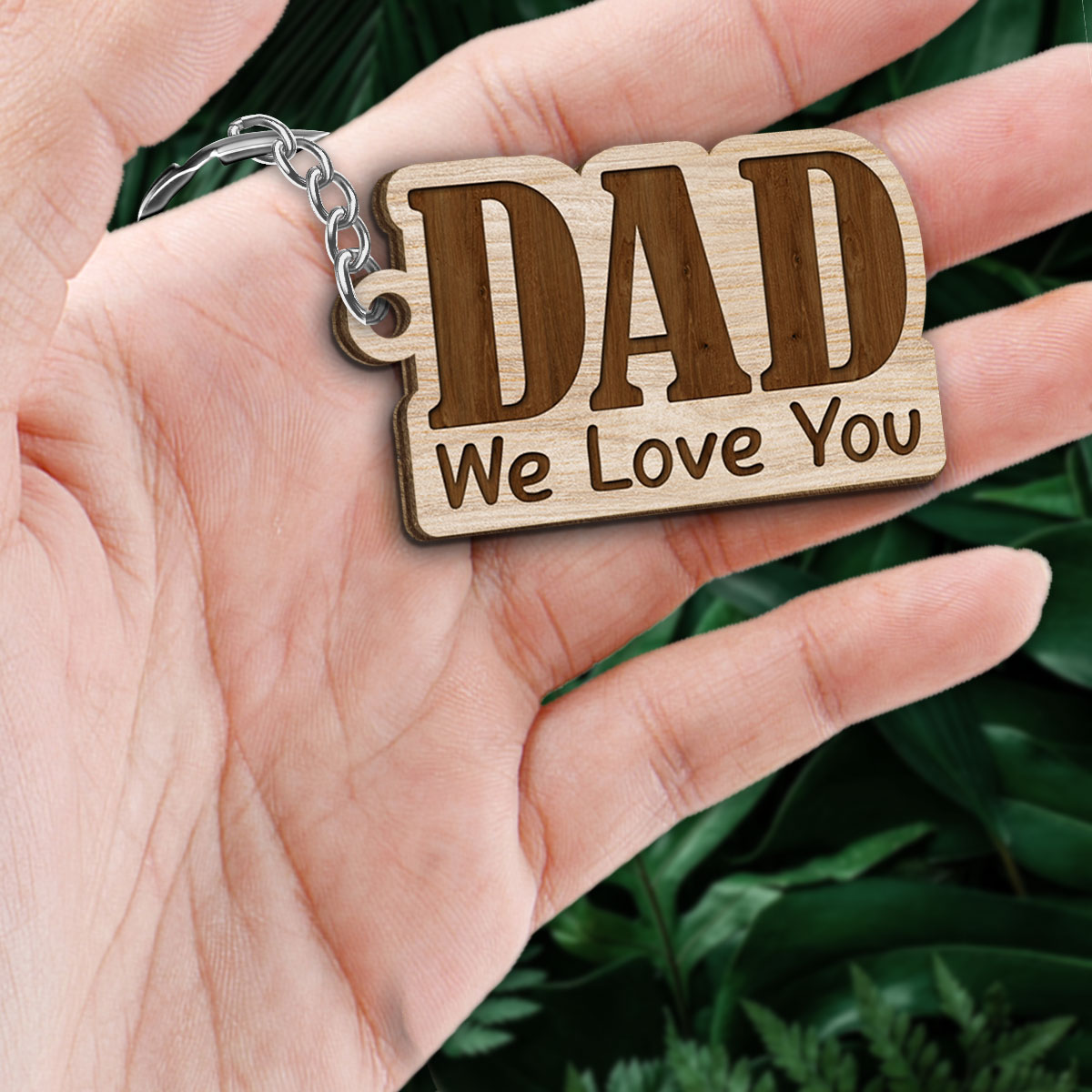 Dad We Love You Back View Sitting Man Kids Dog Cat Personalized Wooden Keychain