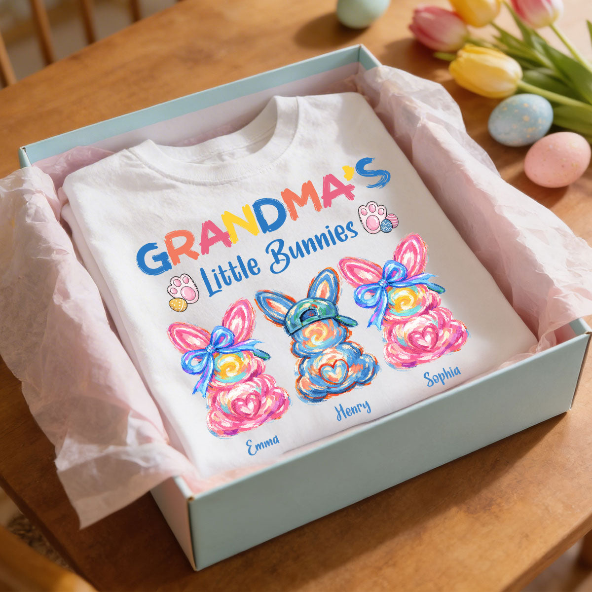 Grandma's Little Bunnies Colorful Brushstroke - Personalized Shirt - Easter Shirt for Grandma
