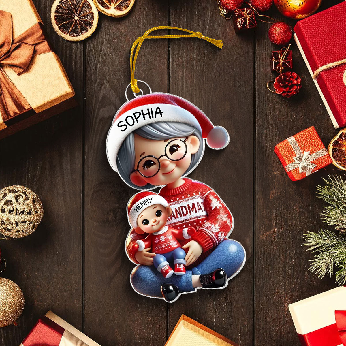 3D Effect Grandma Grandkids Sitting Crossed Legs Personalized Acrylic Ornament, Christmas Gift for Grandma, Granddaughter Grandson