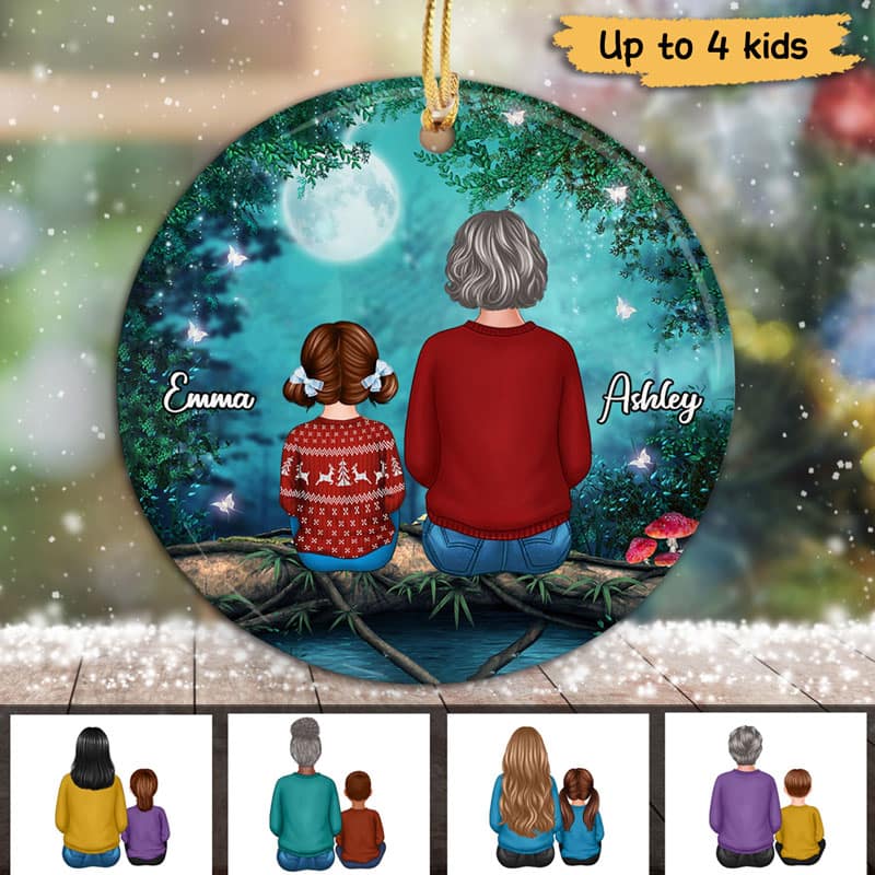 Grandma Grandkids Tree Log Background Personalized Circle Ornament