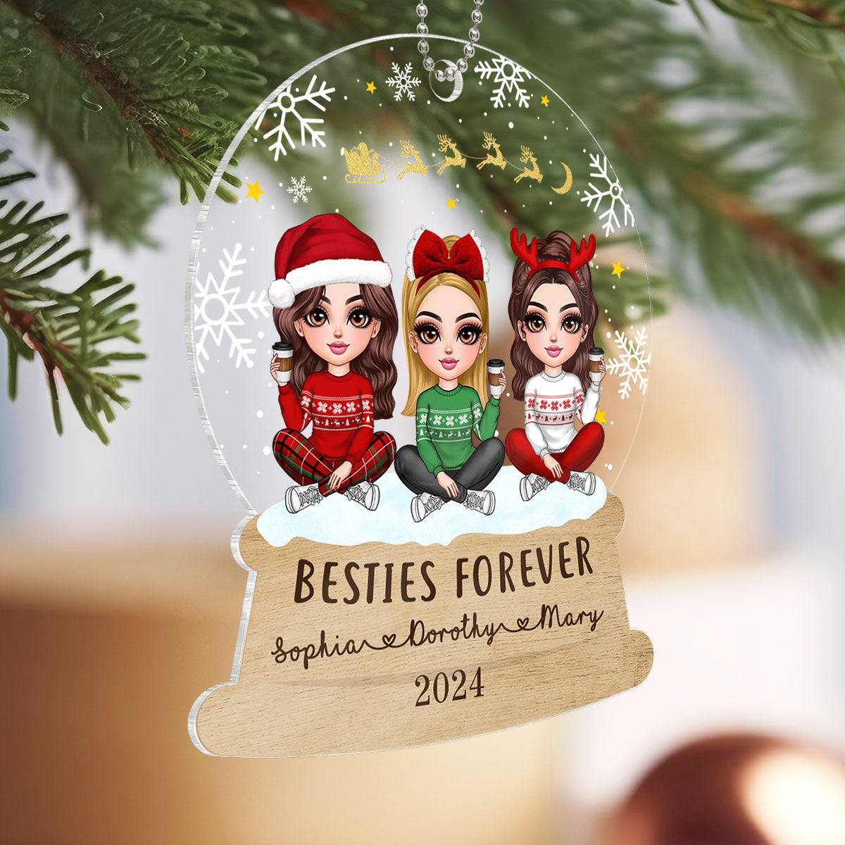 Pretty Friends Sisters Besties Christmas Sitting In Snow Globe Personalized Acrylic Ornament