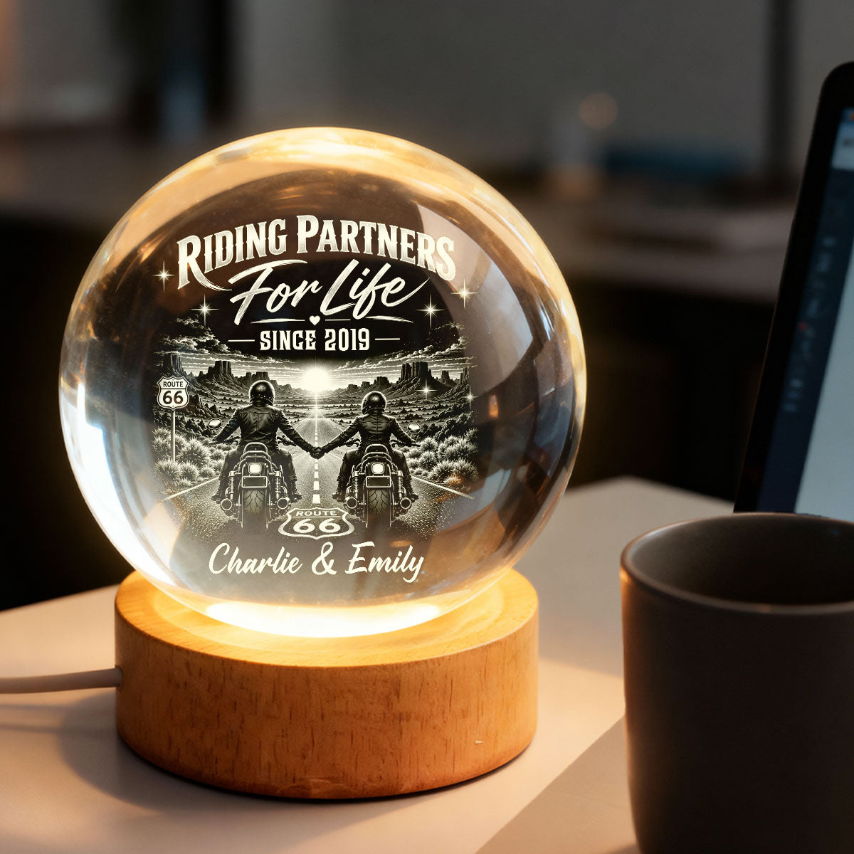 Biker Couple Riding Partners For Life - Personalized Crystal Ball LED Night Light - Christmas Gift For Biker Couple, For Him, For Her, For Husband, For Wife