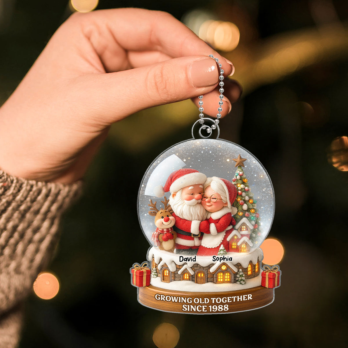 Snow Globe Santa Couple Growing Old Together Personalized Acrylic Ornament, 3D Effect, Christmas Gift for him, Gift for her