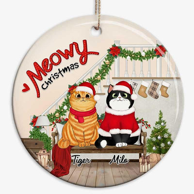 Meowy Christmas Fluffy Cats Stairs Personalized Circle Ornament