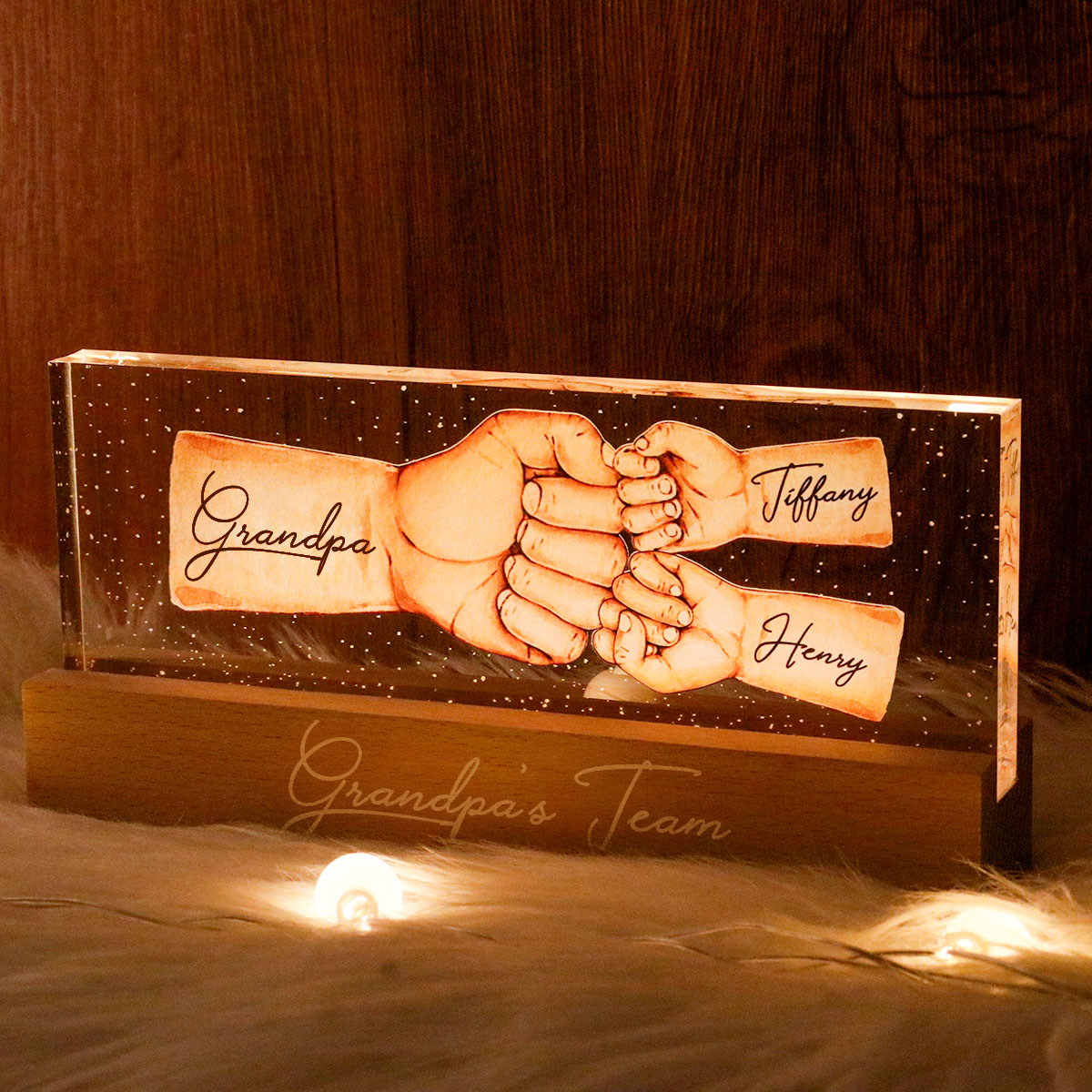 Grandpa's Team Fist Bump Personalized Acrylic LED Night Light, Father's Day Gift For Grandpa