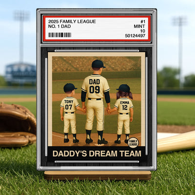 Baseball No. 1 Dad Man & Kids Trading Card Style Personalized 2-Layer Standing Wooden Plaque