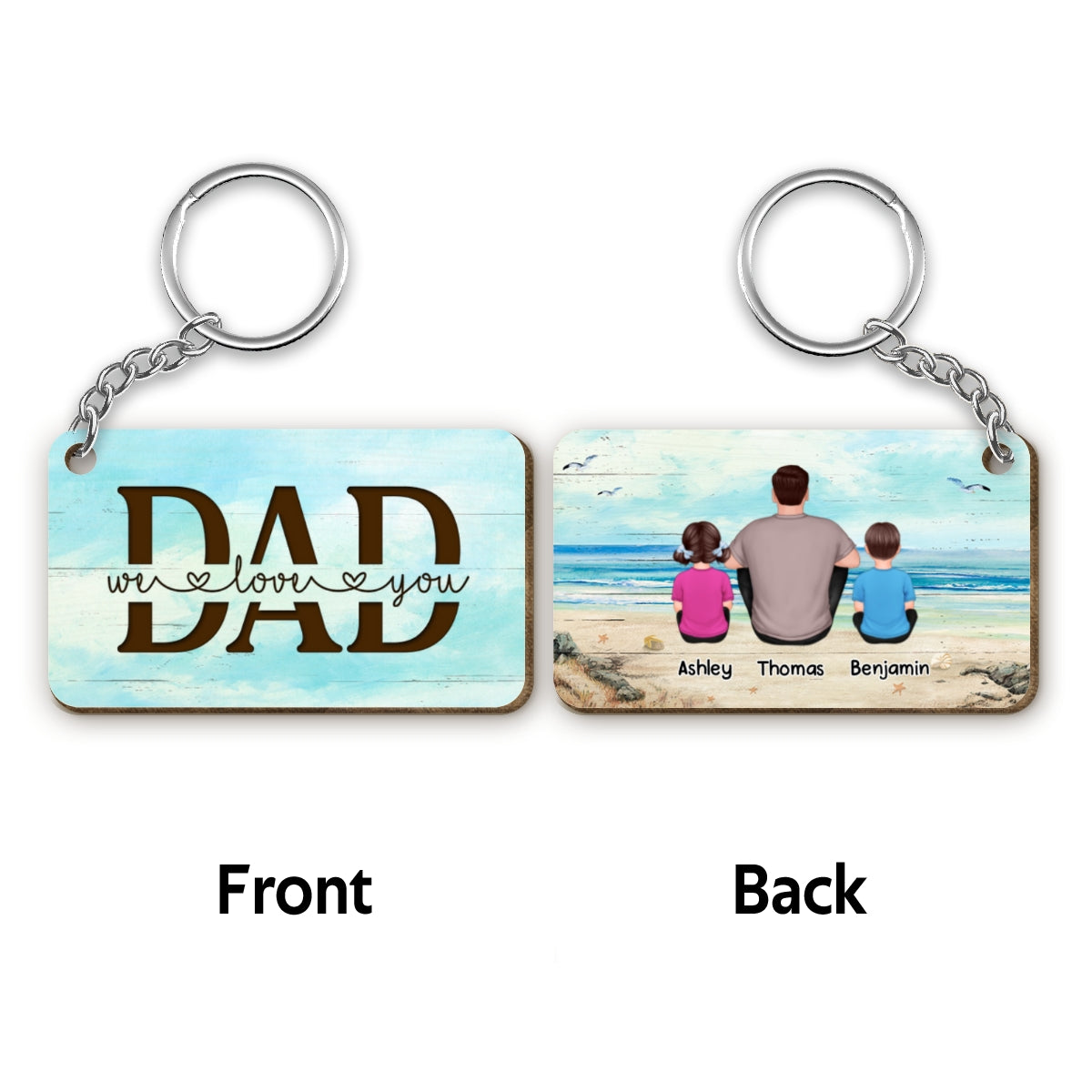 Beach Landscape Best Dad Ever Back View Man Kids Dog Cat Father‘s Day Gift Personalized Wooden Keychain