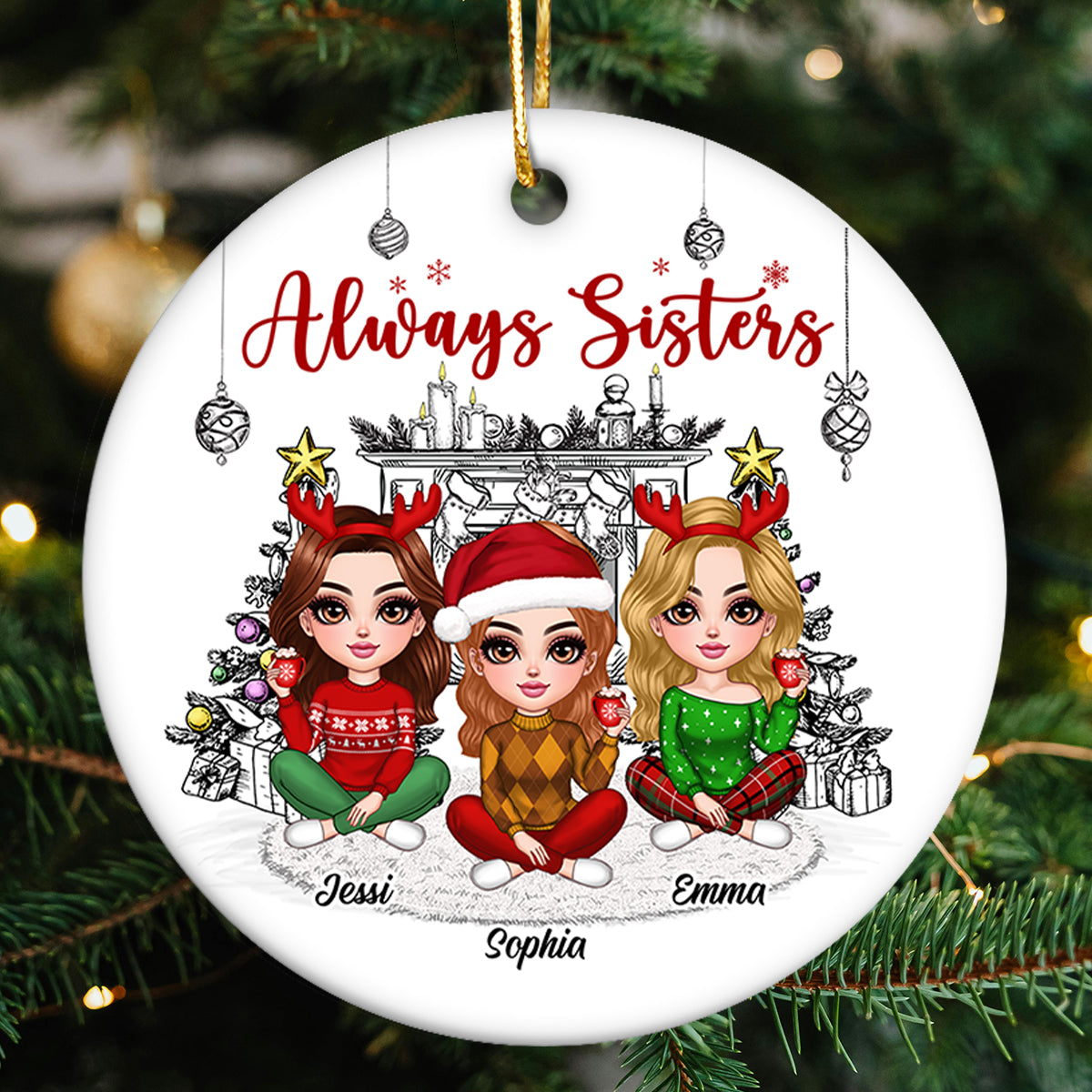 Christmas Outline Background Lovely Besties Personalized Ceramic Ornament