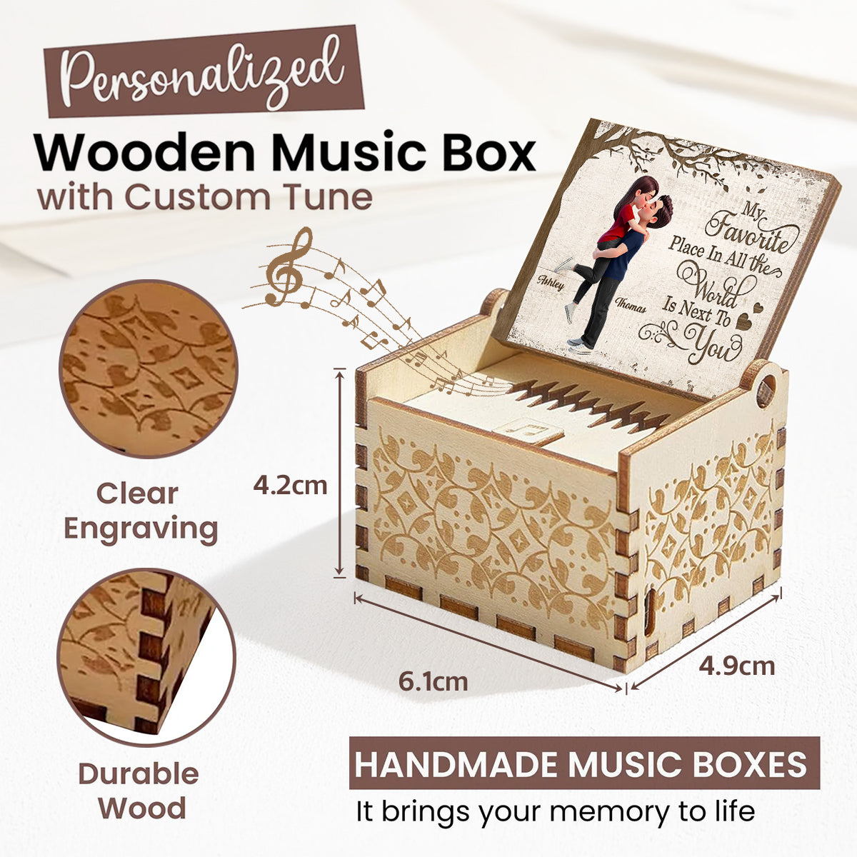 My Favorite Place is Next to You Couple Hugging Kissing - Personalized Wooden Music Box - Heartfelt Valentine's Day Gift for Her, for Him