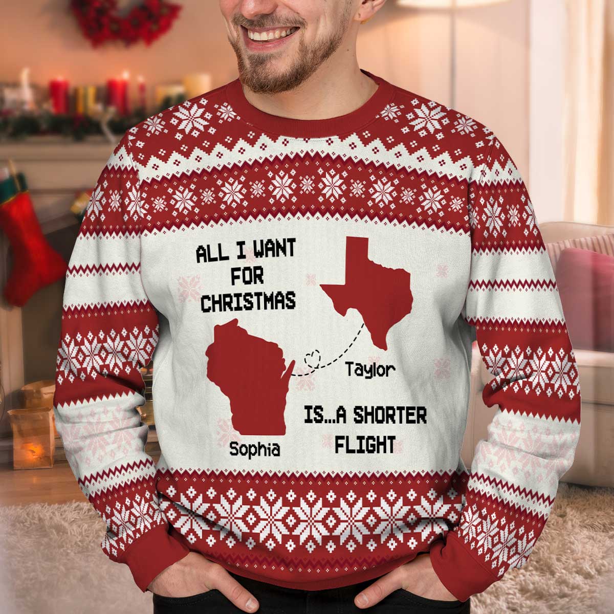 Long Distance State Map Funny Gift For Couple, Family & Friends Personalized Faux Knitting Ugly Sweater