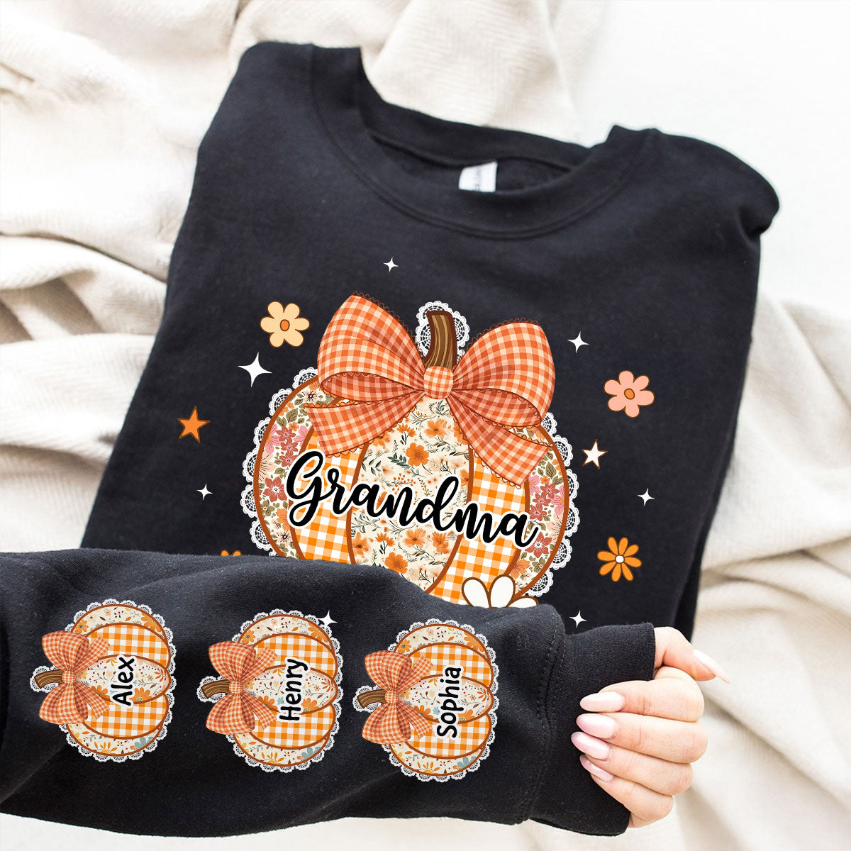 Fall Season Lace Pattern Grandma Pumpkins Personalized Sleeve Printed Sweatshirt