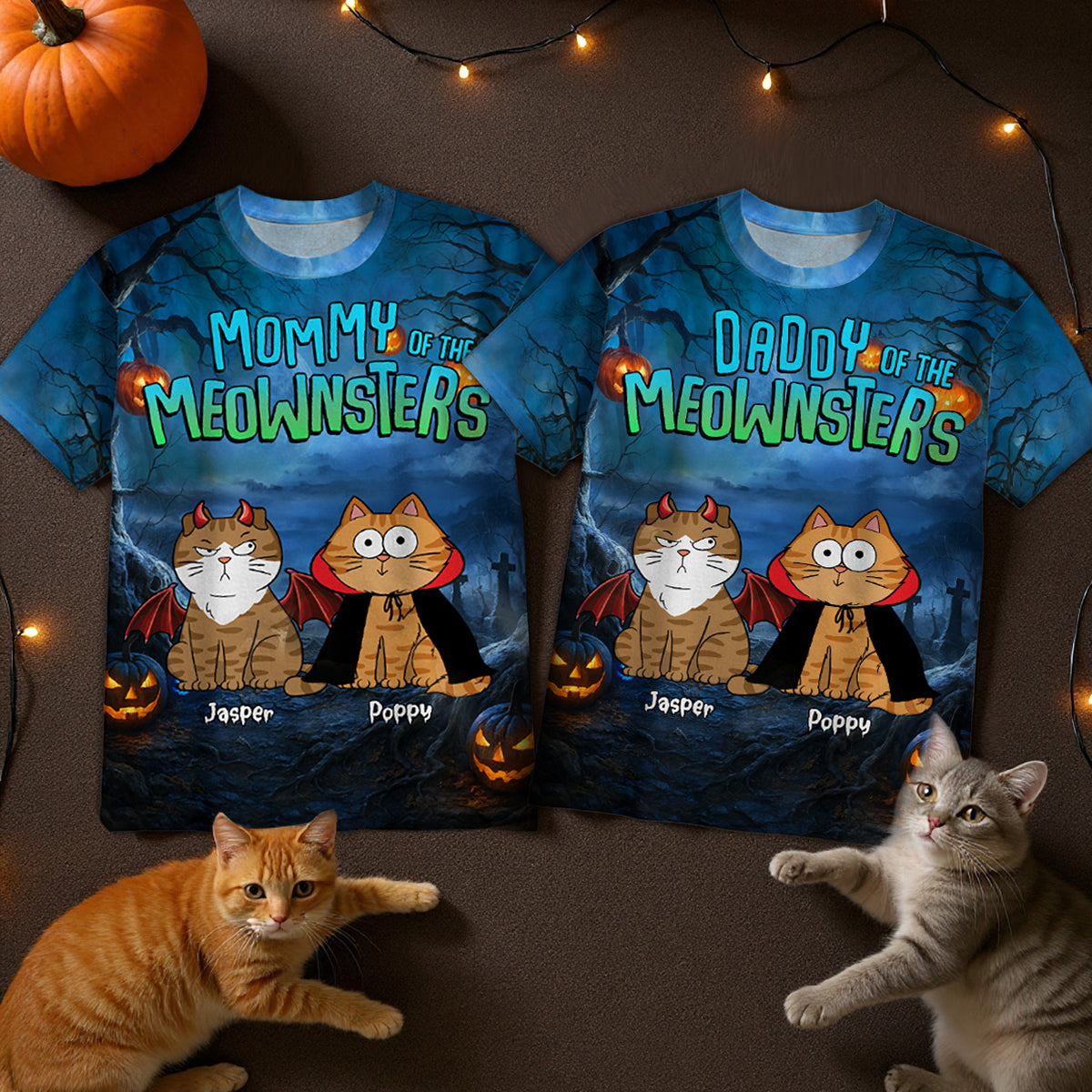 Halloween Night Mommy Daddy Of The Monsters Cats Personalized Shirt, Spooky Halloween Costume For Cat Lovers
