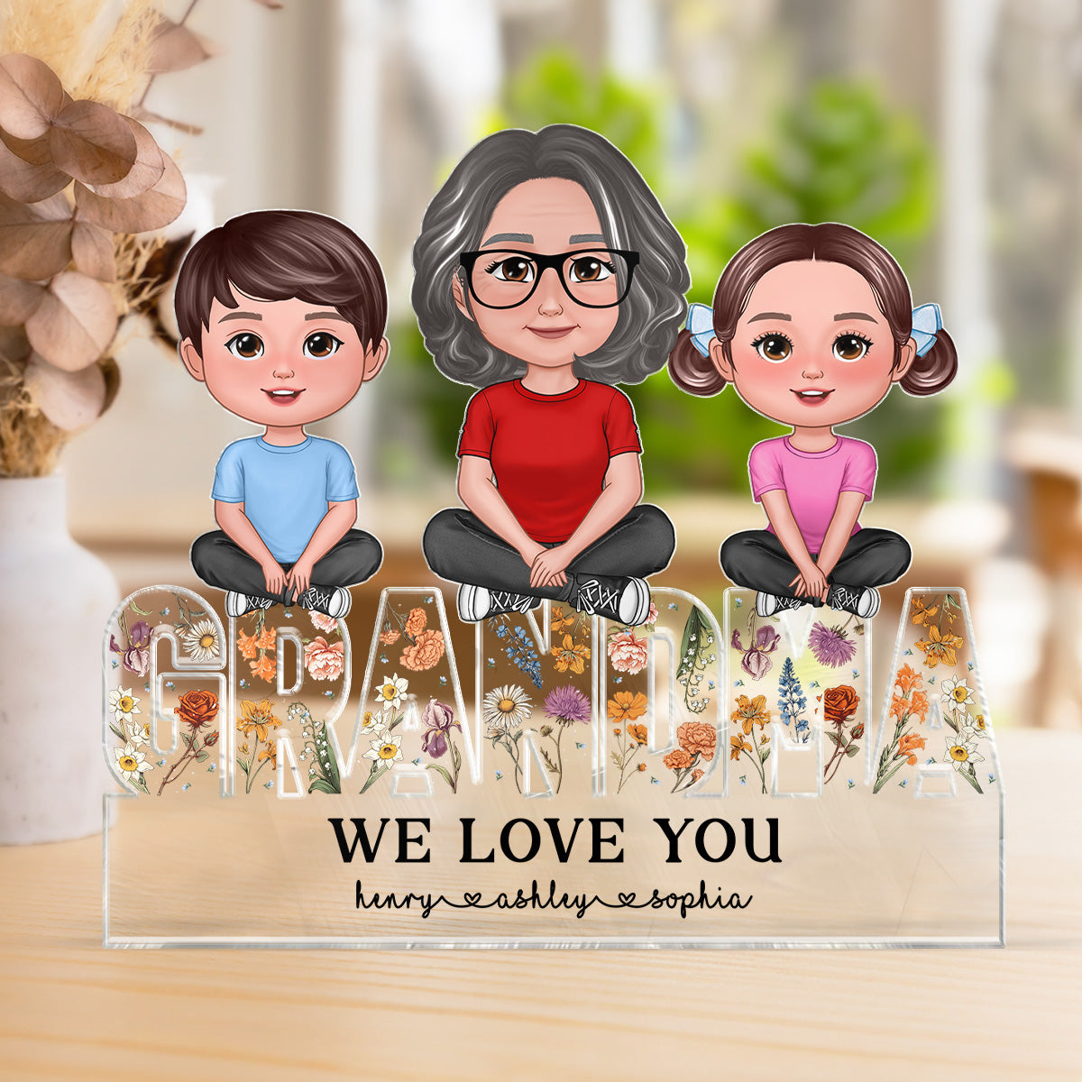 Grandma Granddaughters Grandsons Sitting On Word Vintage Flowers Personalized Acrylic Block Plaque